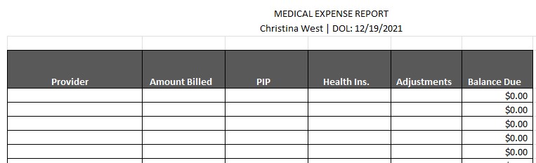 A spreadsheet of a medical dense report with provider, amount billed, Pip, and balance due