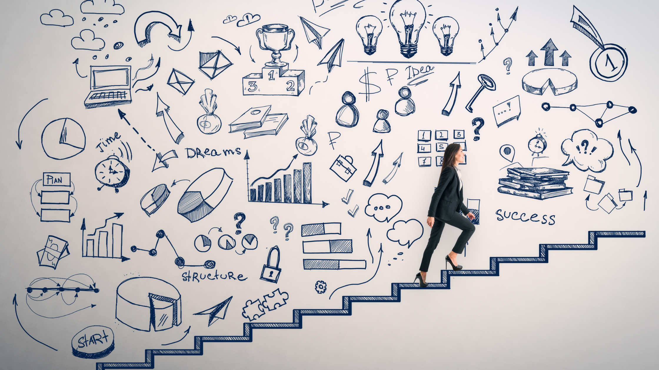 An image that portrays a paralegal climbing a flight of stairs to show an advancement in their career.