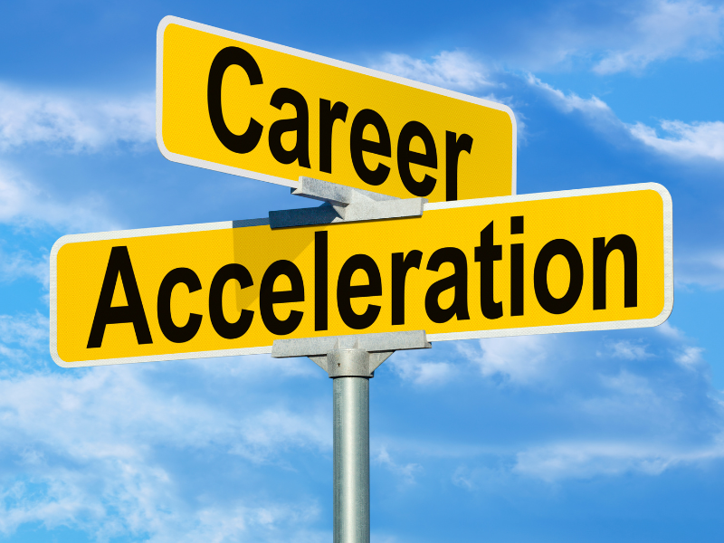 A road sign shows opposite roads to be career and acceleration depicting the direction a litigation paralegal should take.