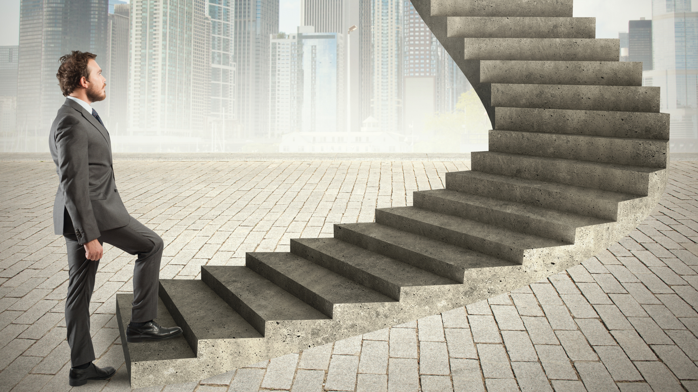 A litigation paralegal takes the first step on a flight of stairs that represents his career path to an unknown destination.