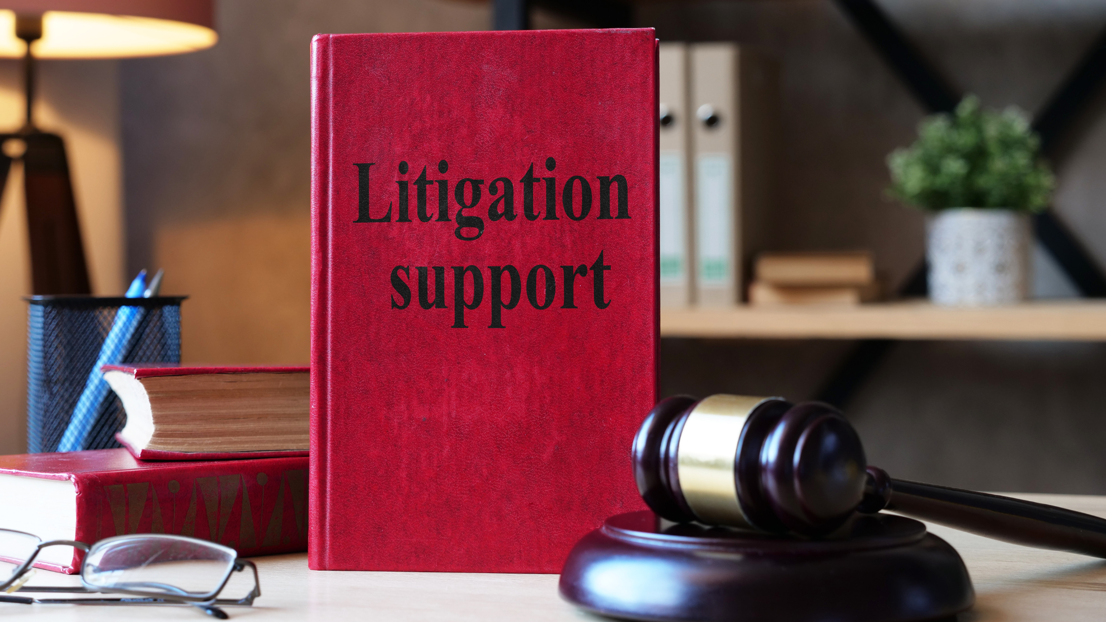 A litigation support book, a gavel, and other books are on a table to depict where a litigation paralegal career can lead to.