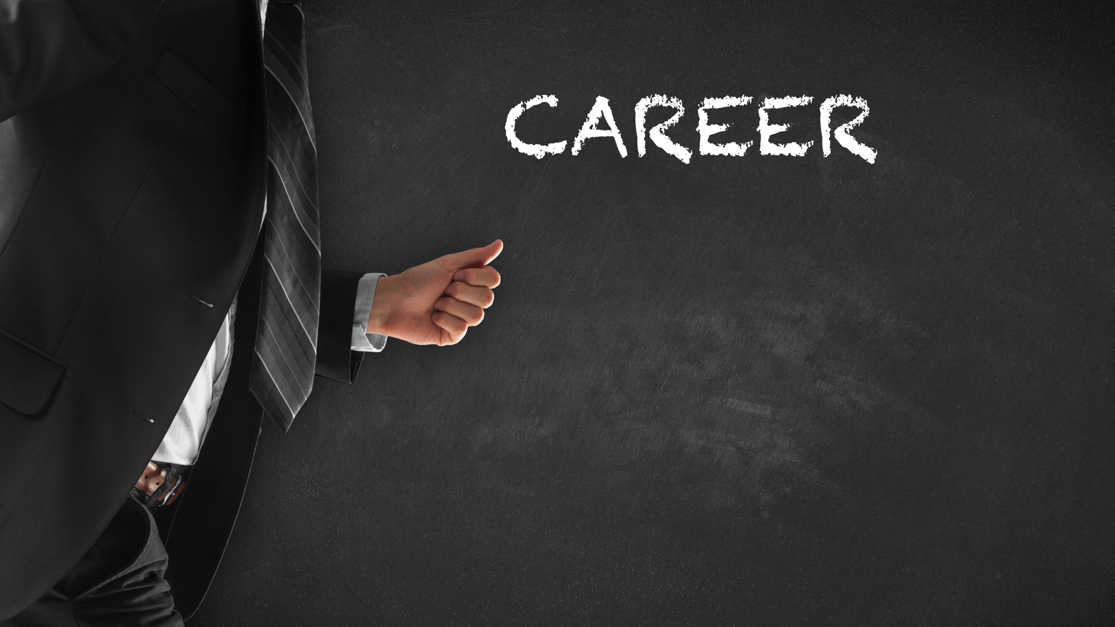 An image of a blackboard with a career written on it and a man beside it depicts a guide to accelerating a paralegal career.