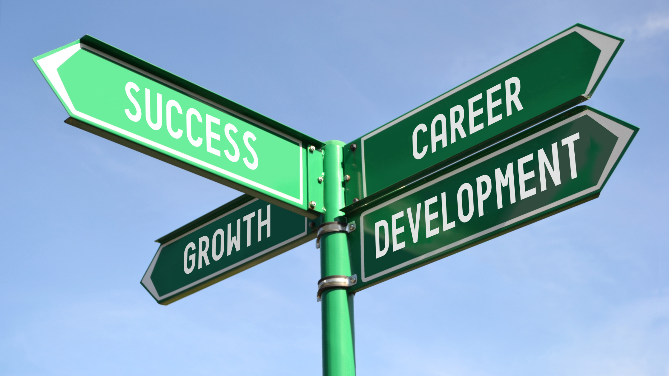 A road sign showing the different directions for paralegal career, growth, success, and development.