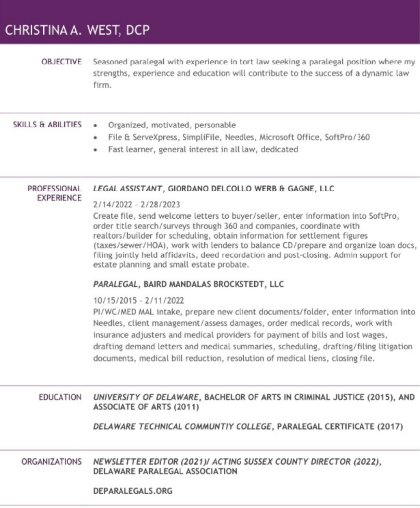 A typical legal assistant and paralegal resume with succinct information in a personalized format.
