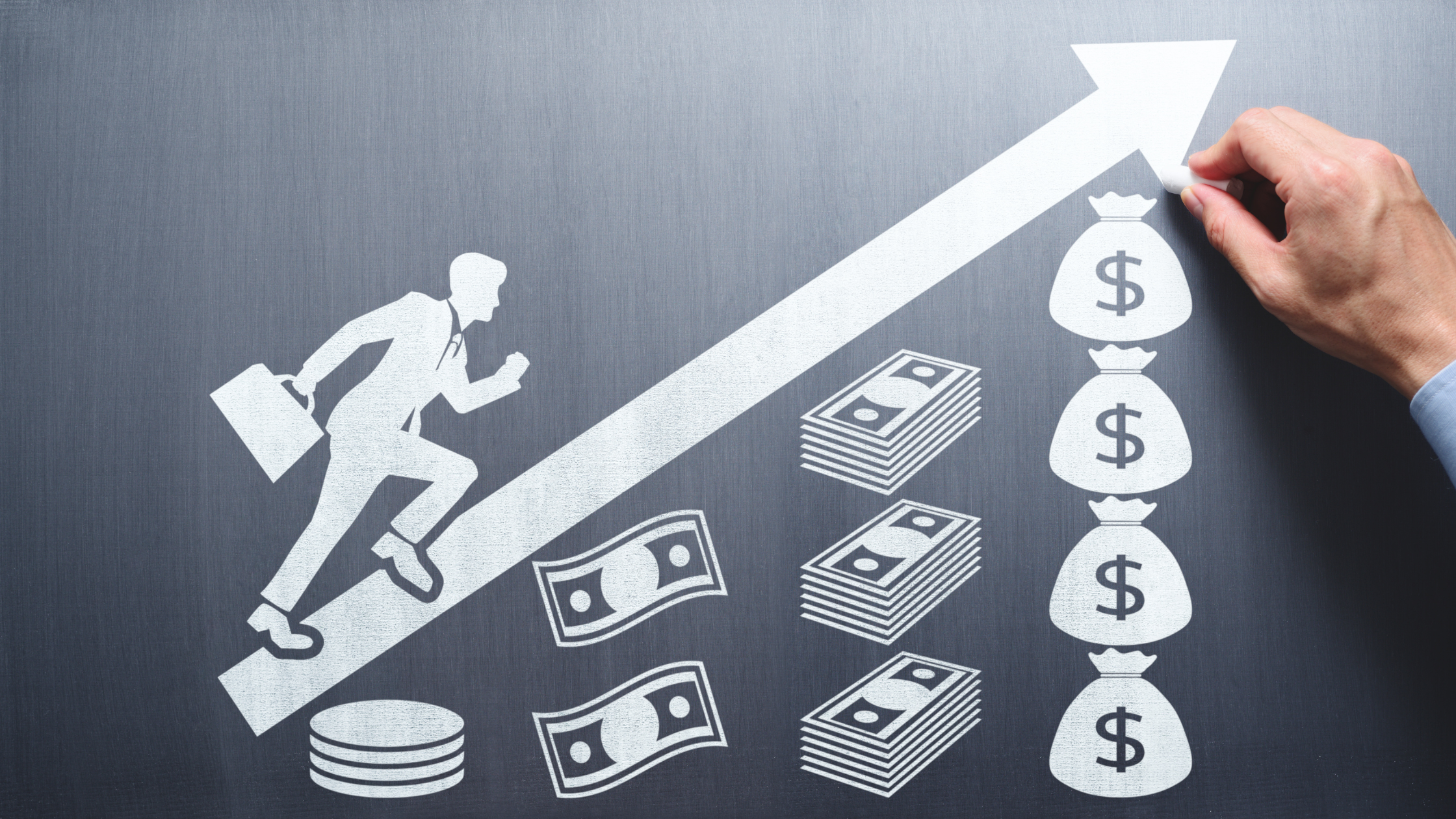 An image of a human ascending an arrow that points to money growth to depict an increasing salary for paralegals.