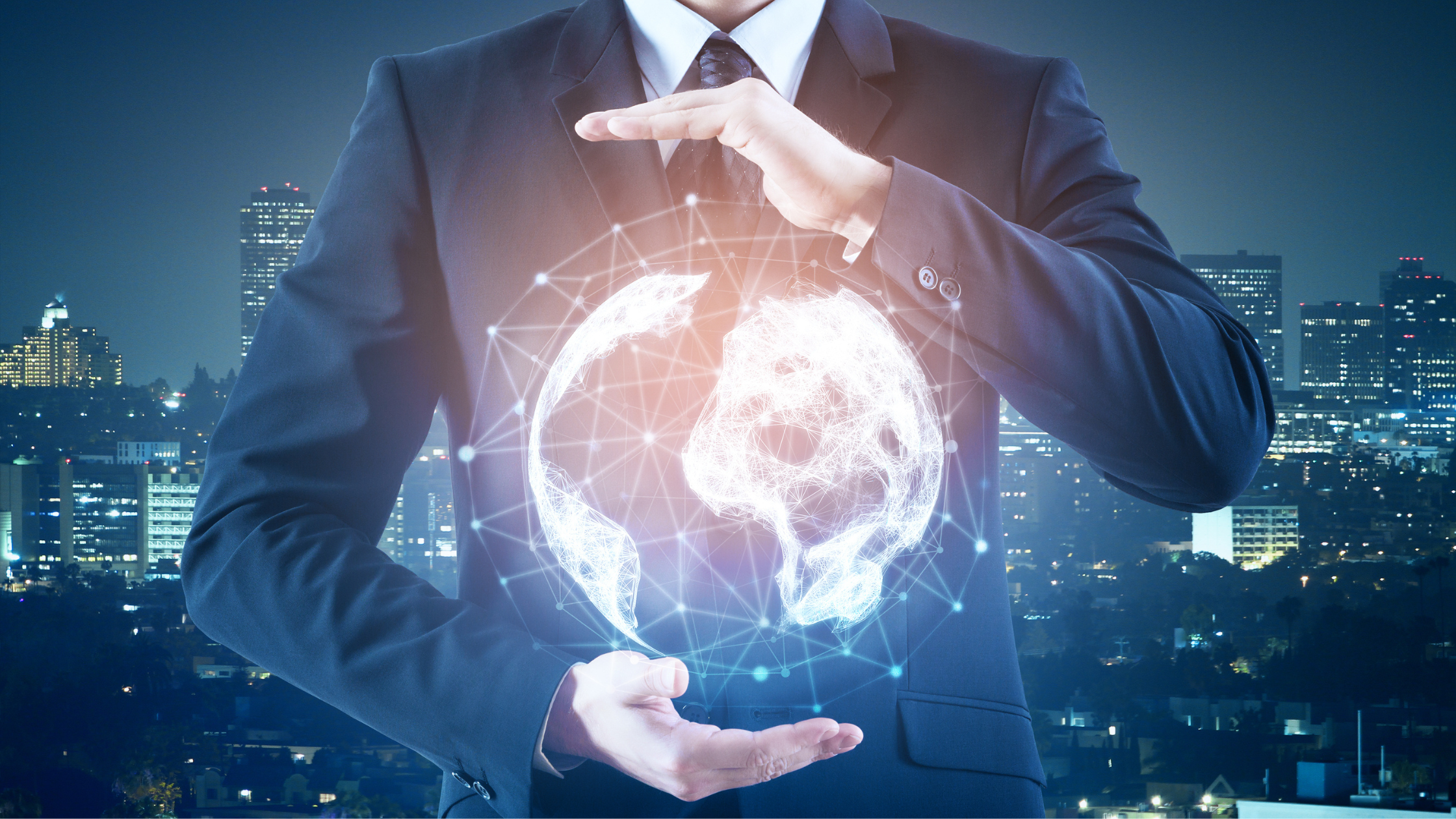 A paralegal has his hands around an energized world map globe with active dots around them to show the presence of paralegals.