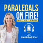 Cover photo with an image of a microphone with a headset beside Ann Peterson for the paralegal on fire podcast.