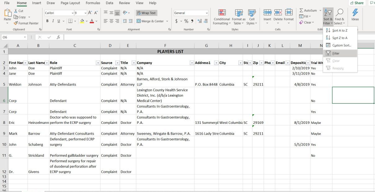 A Microsoft Excel spreadsheet showing a paralegal’s client’s lists and details