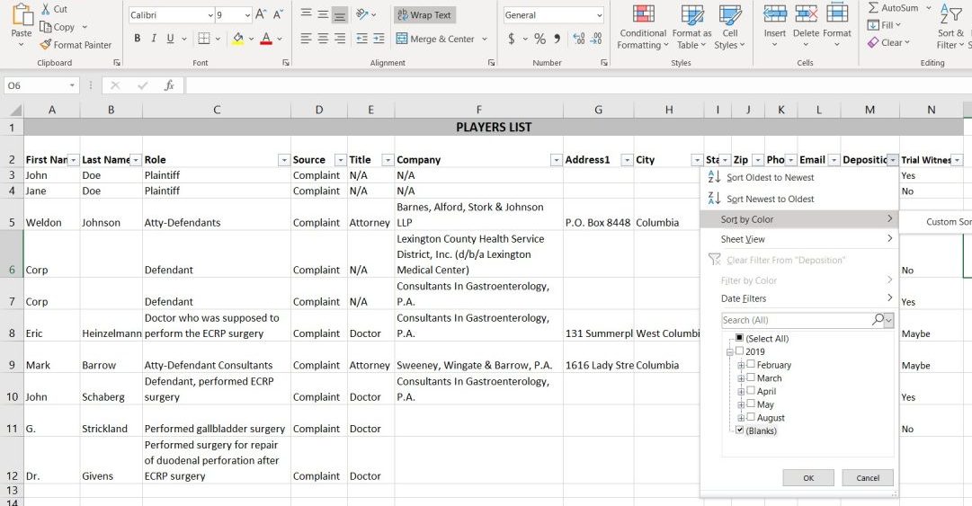A detailed spreadsheet showing a proactive litigation paralegal screen
