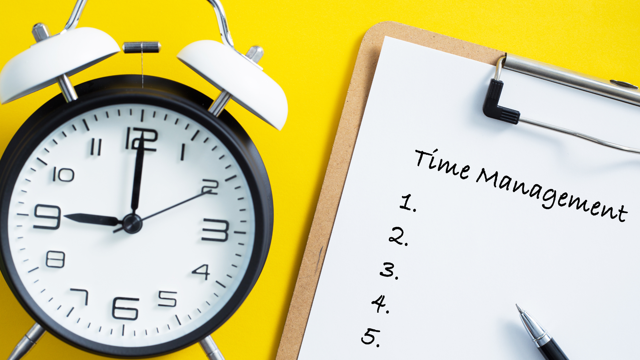 A clock, a document for time management on a clipboard, and a pencil depicting time management tips for new paralegals.